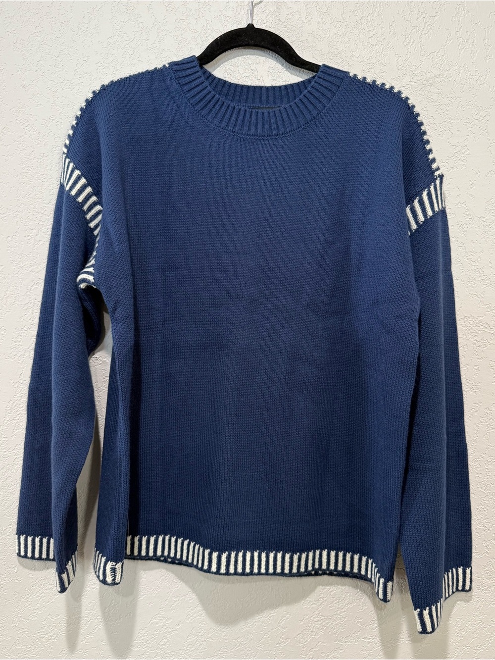 Womens Blue Crewneck Sweater with White Trim
